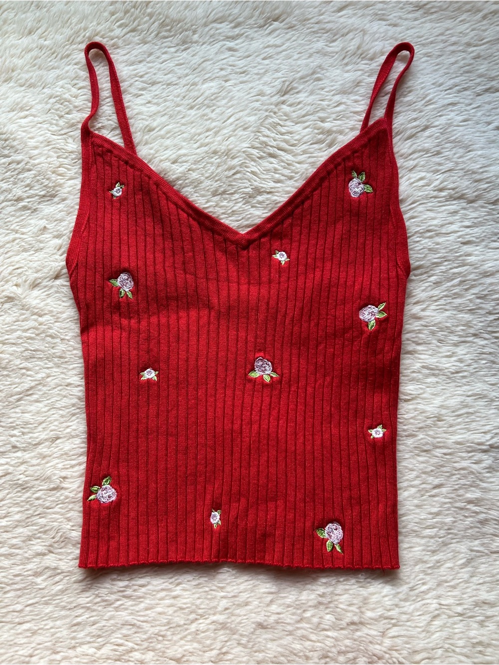 Kendall & Kylie Red Ribbed Floral V-Neck Camisole Cute Tank Top Size XS
